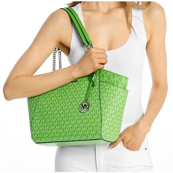New Michael Kors Jet Set Large Logo Shoulder Bag Jungle Green - Picture 3 of 5